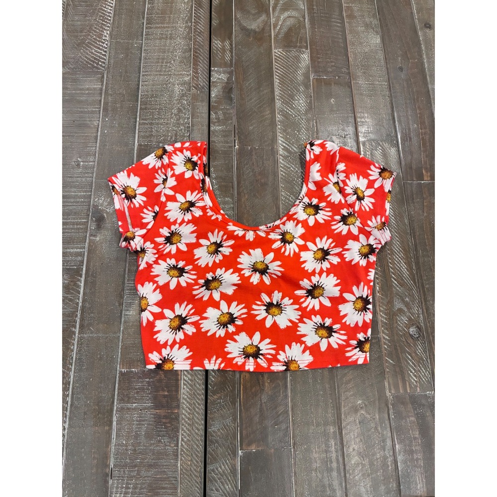 Diva Apparel Womens Large Red Daisy Floral Crop Top Twist Back Scoop Neck BN199